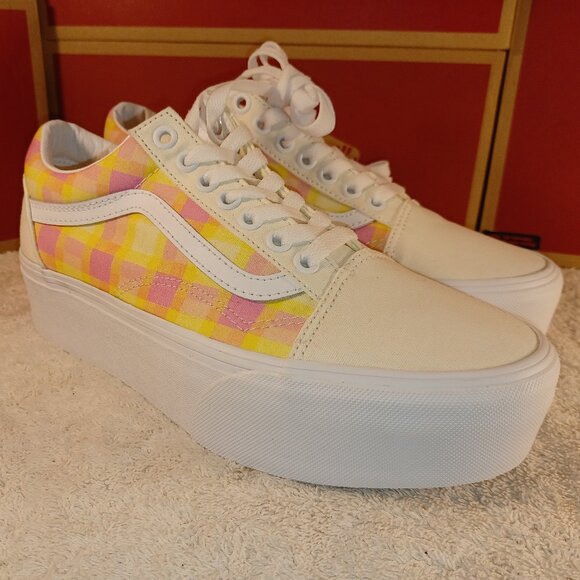 VANS Men's 6.5/Women's 8 Old Skool Stackform Platform Pastel Picnic Pink Plaid - Picture 13 of 13